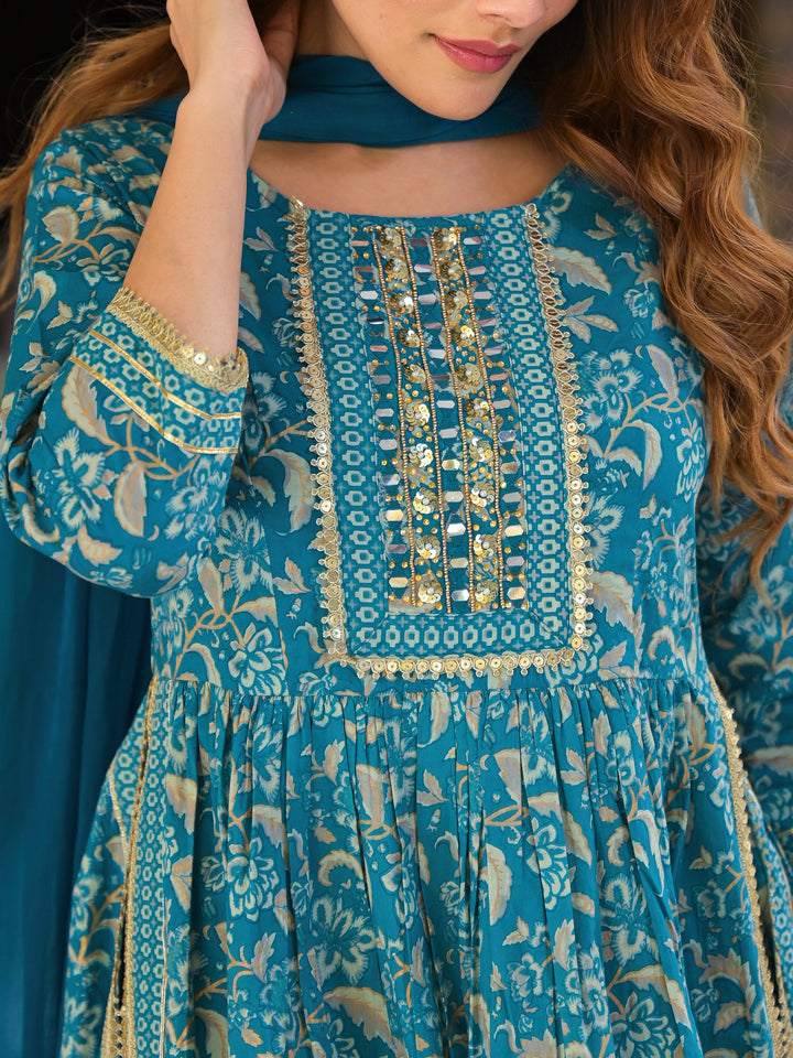 Teal-Blue-Cotton-Floral-Print-3-Piece-Kurta-Set
