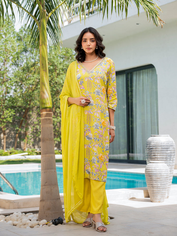 Yellow-Muslin-Embroidered-Floral-Print-3-Piece-Kurta-Set
