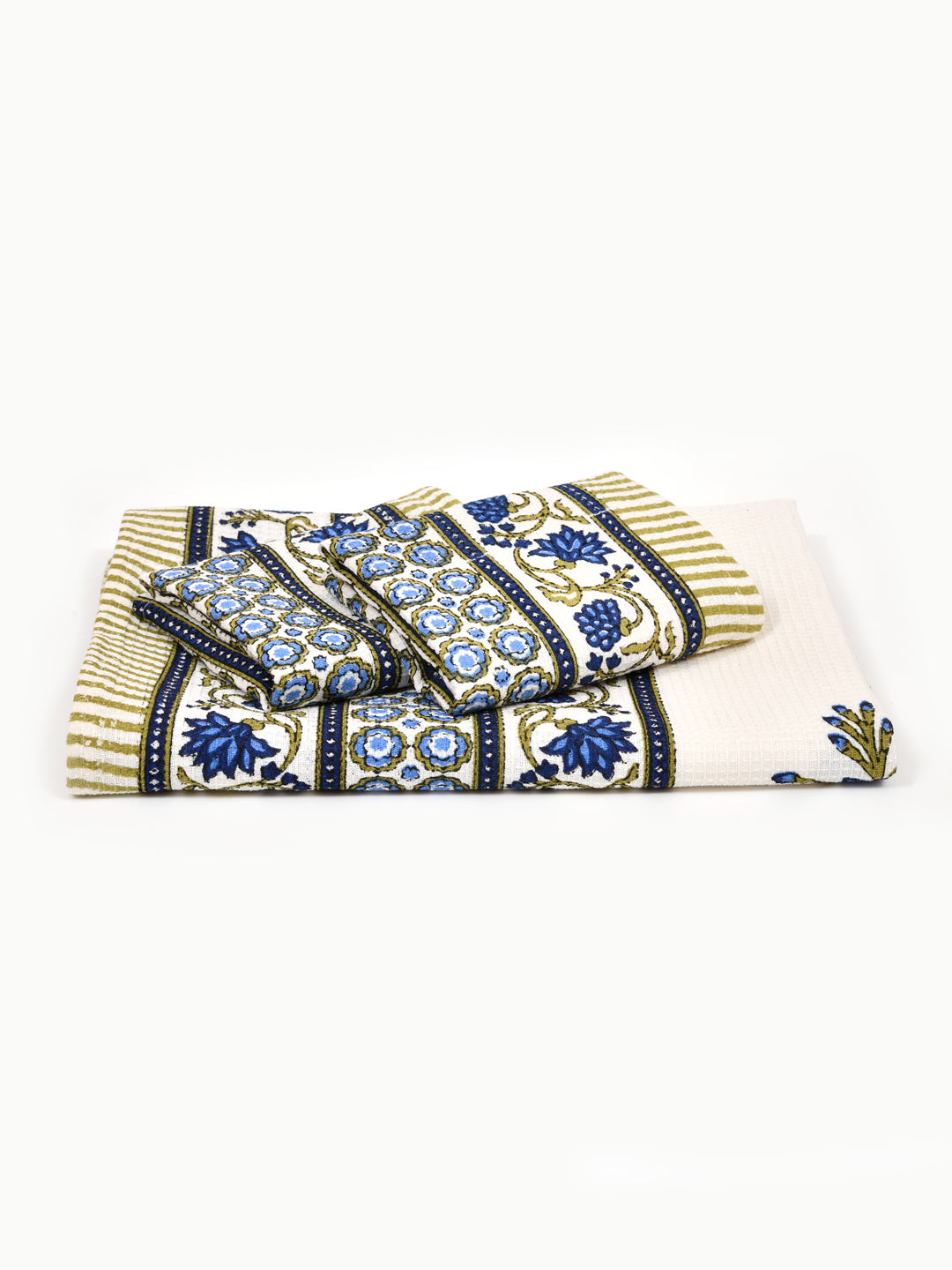 White-&-Navy-Blue-Waffle-Cotton-Printed-Towels-Gift-Set