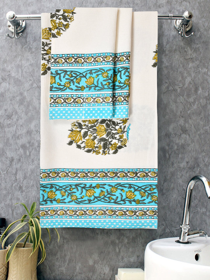 Blue-&-White-Waffle-Cotton-HandBlock-Print-Towels-Gift-Set