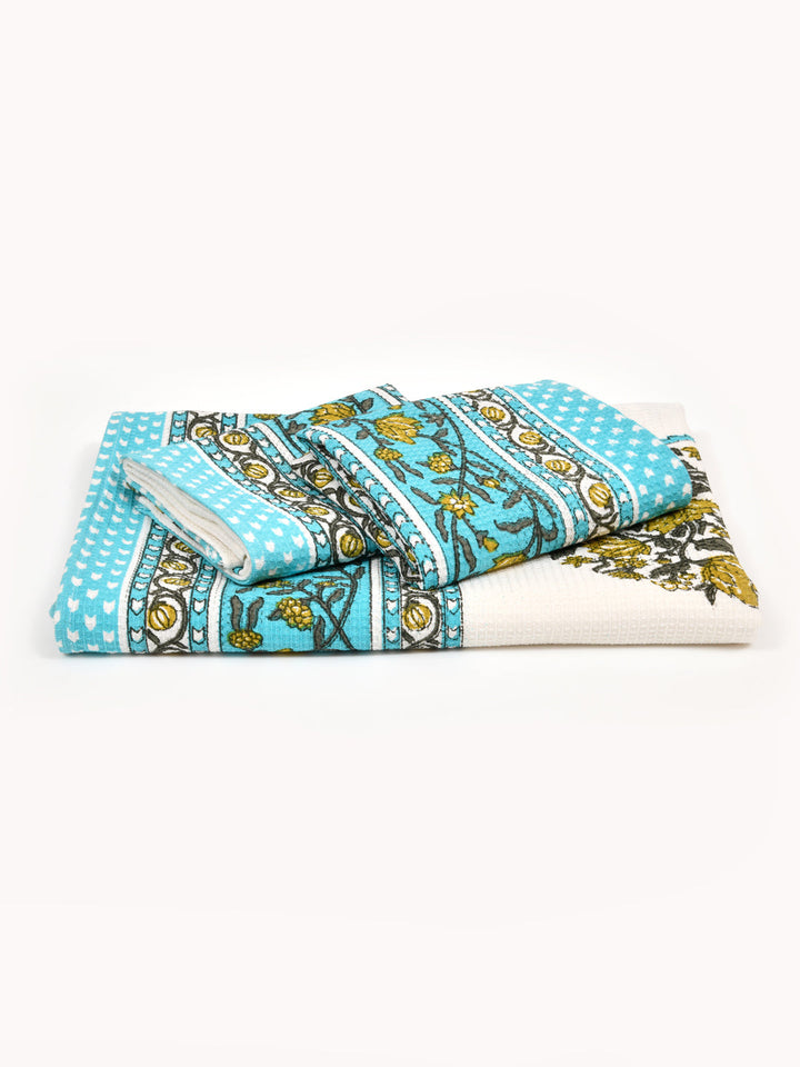 Blue-&-White-Waffle-Cotton-HandBlock-Print-Towels-Gift-Set