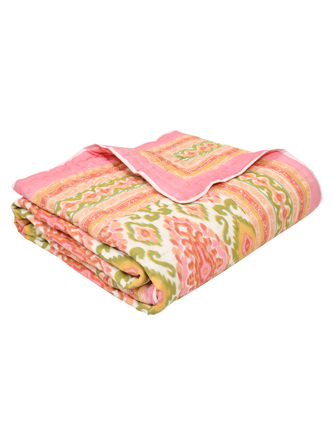 Multicolor-Ikat-Printed-Single-Bed-Quilt-With-Cotton-Filling