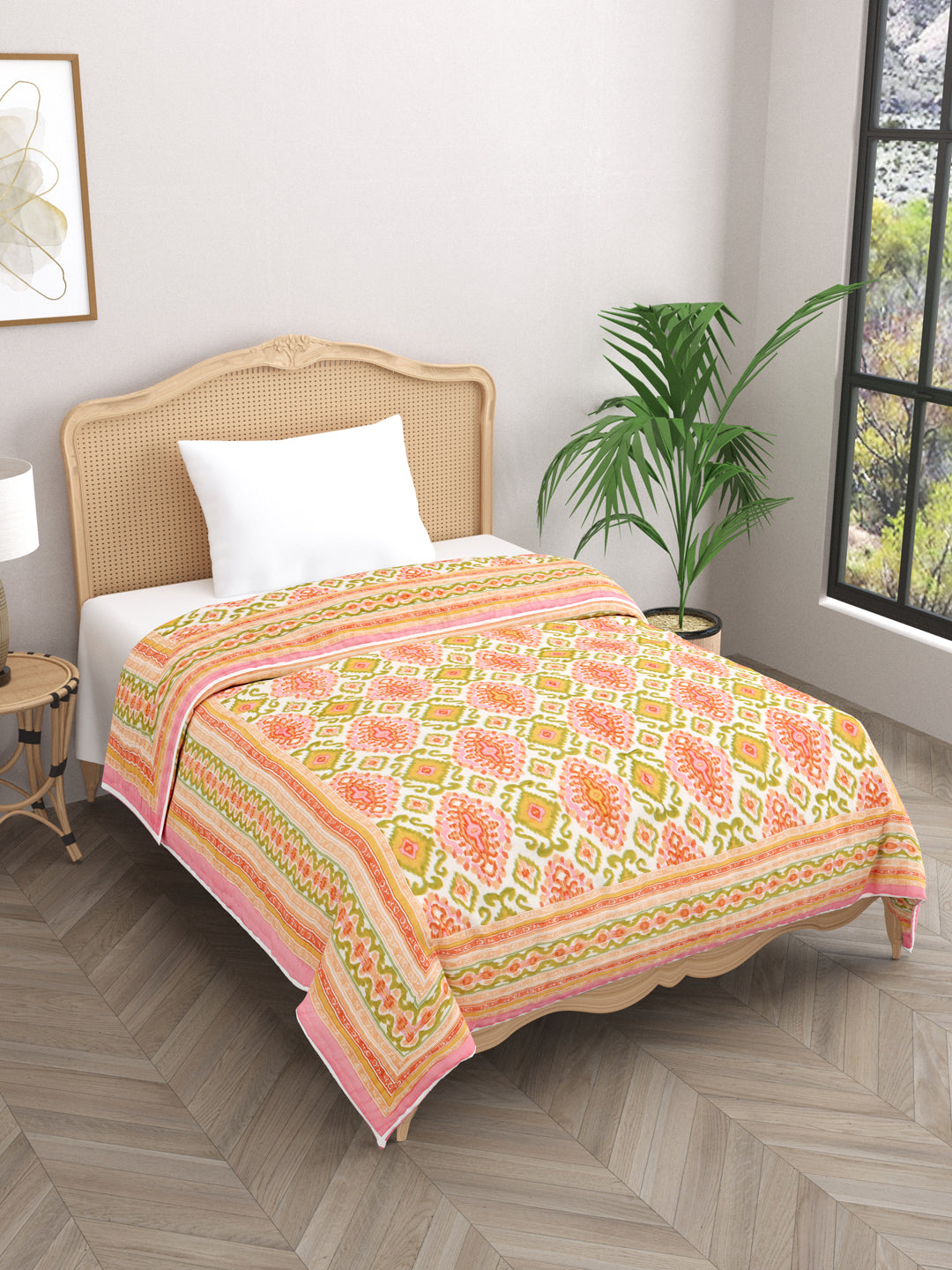 Multicolor-Ikat-Printed-Single-Bed-Quilt-With-Cotton-Filling