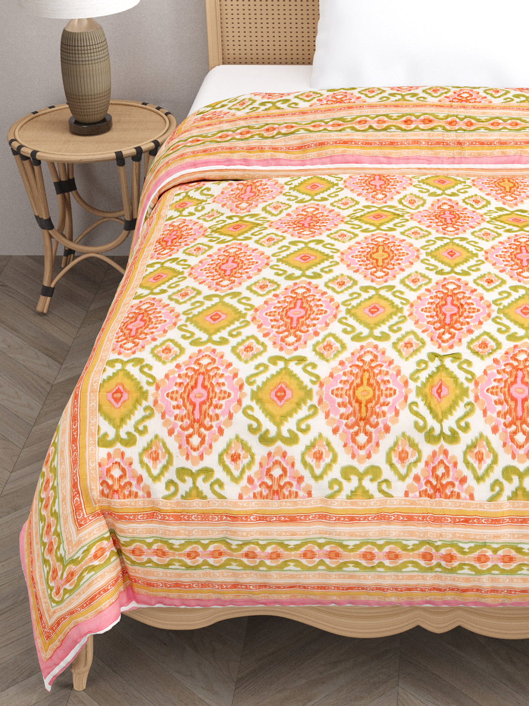 Multicolor-Ikat-Printed-Single-Bed-Quilt-With-Cotton-Filling