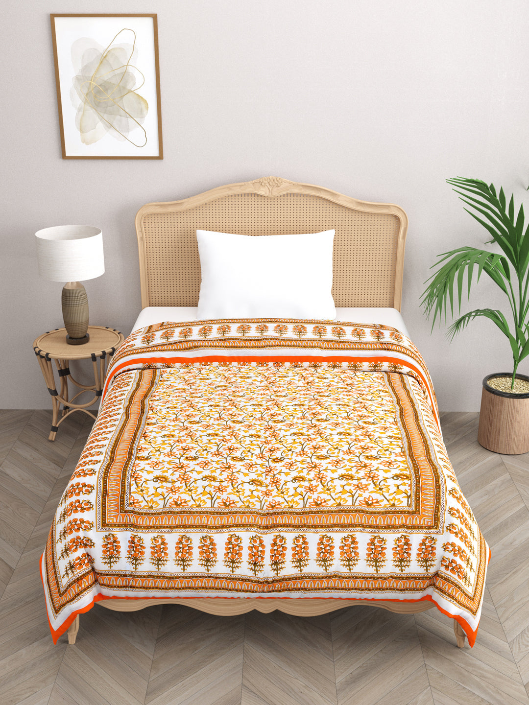 Orange-Floral-Print-Single-Bed-Quilt-With-Cotton-Filling