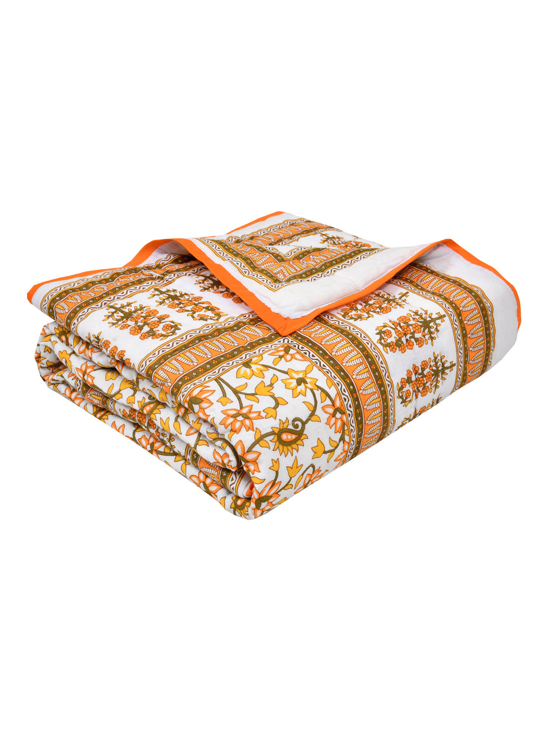 Orange-Floral-Print-Single-Bed-Quilt-With-Cotton-Filling