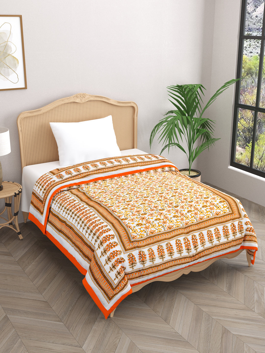 Orange-Floral-Print-Single-Bed-Quilt-With-Cotton-Filling