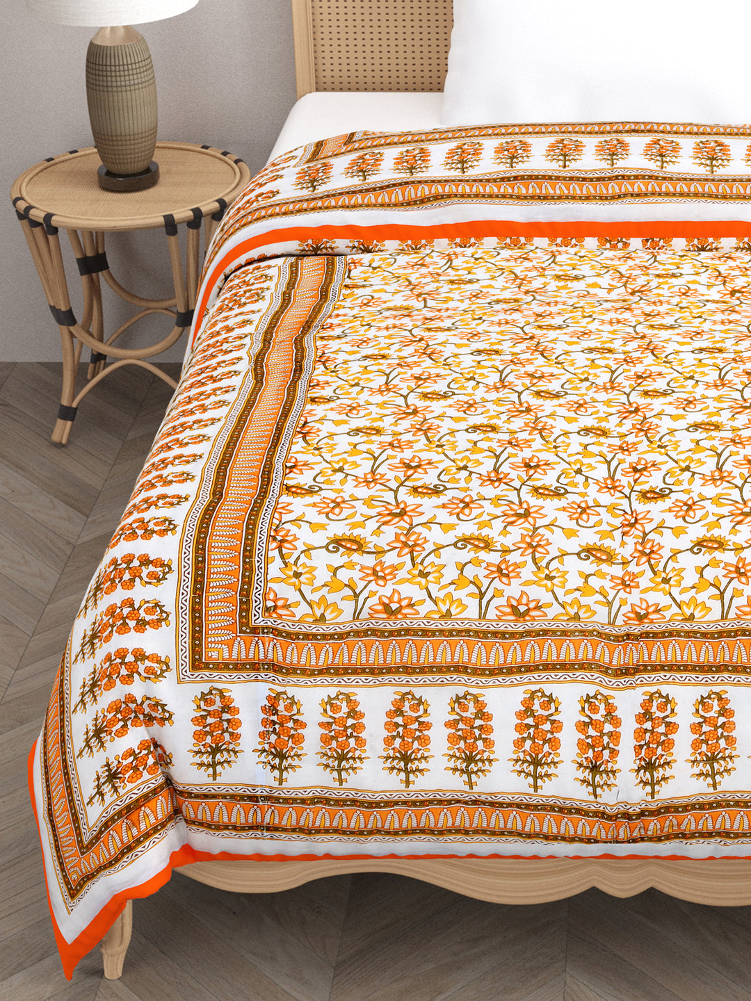 Orange-Floral-Print-Single-Bed-Quilt-With-Cotton-Filling