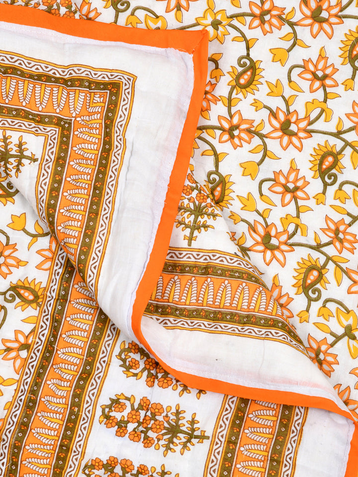 Orange-Floral-Print-Single-Bed-Quilt-With-Cotton-Filling