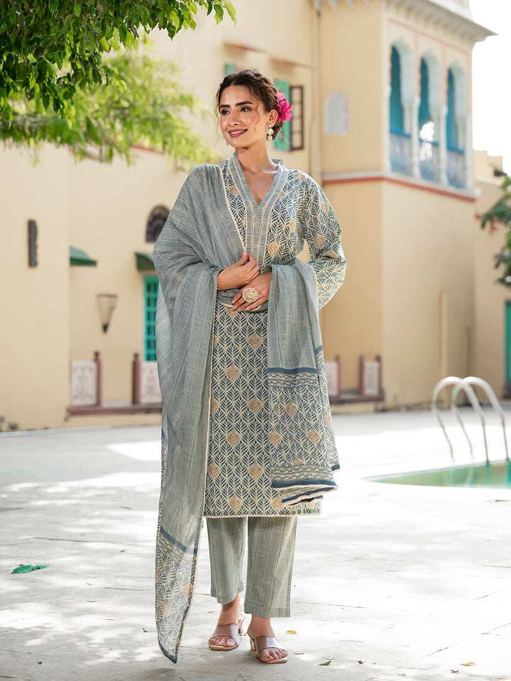 Grey-Cotton-Floral-Print-Pure-Straight-3-Piece-Kurta-Set