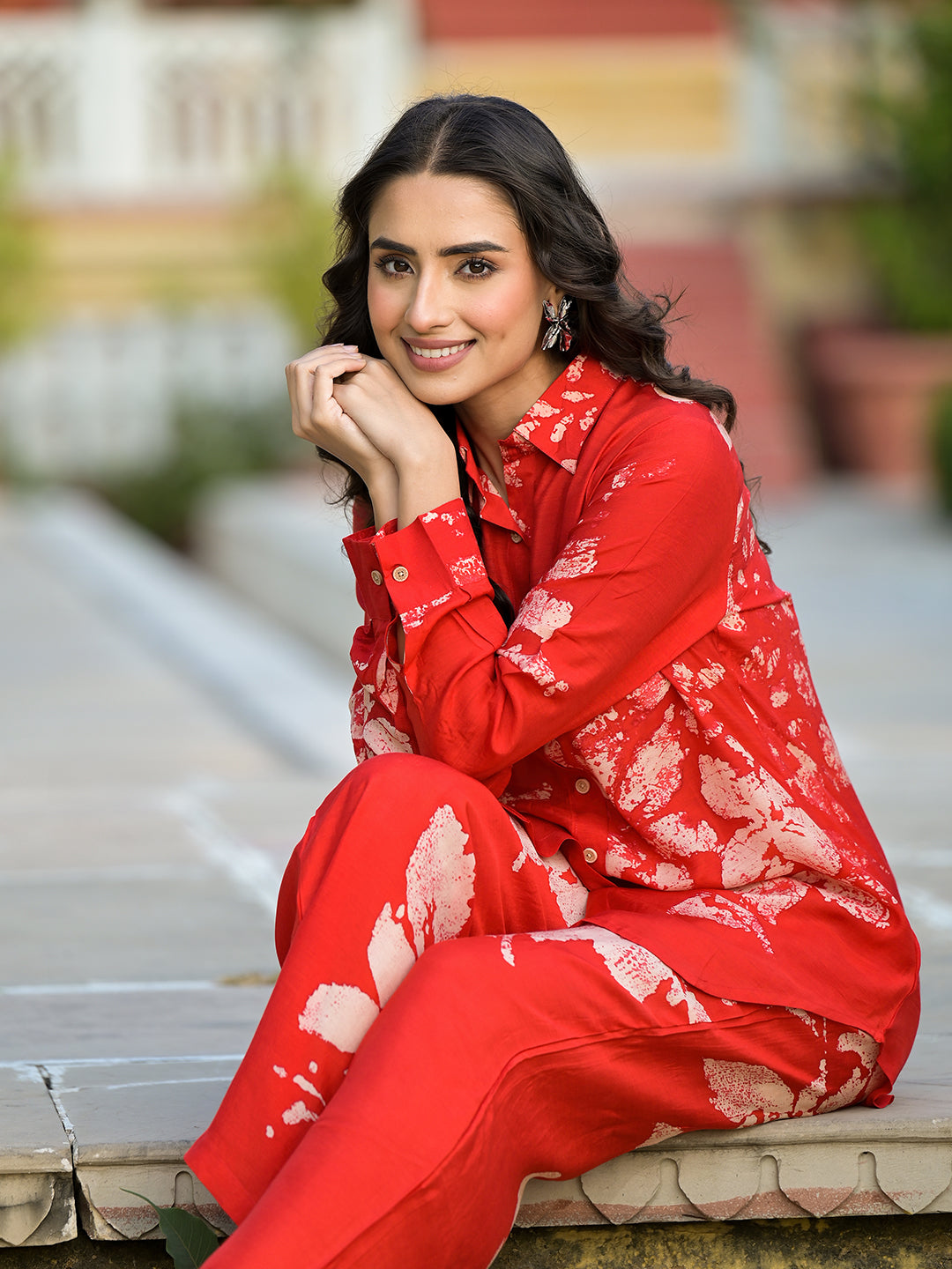 Red-Muslin-Hand-Painted-Co-Ord-Set