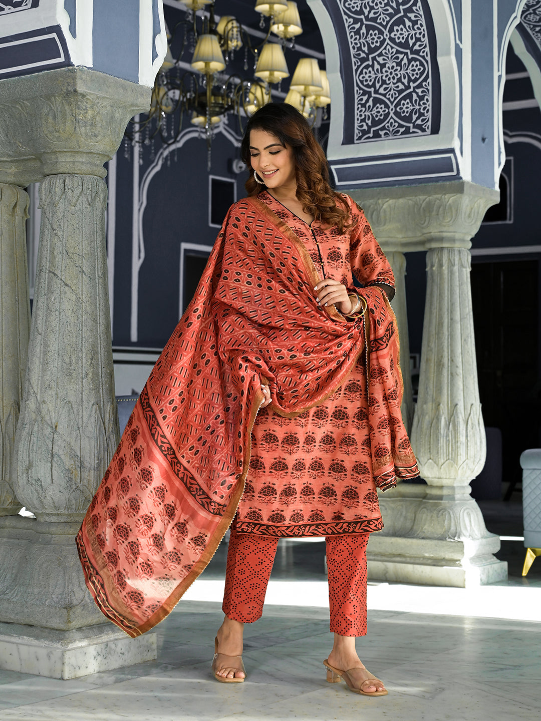 Maroon-Chanderi-Silk-Ethnic-Printed-3-Piece-Kurta-Set