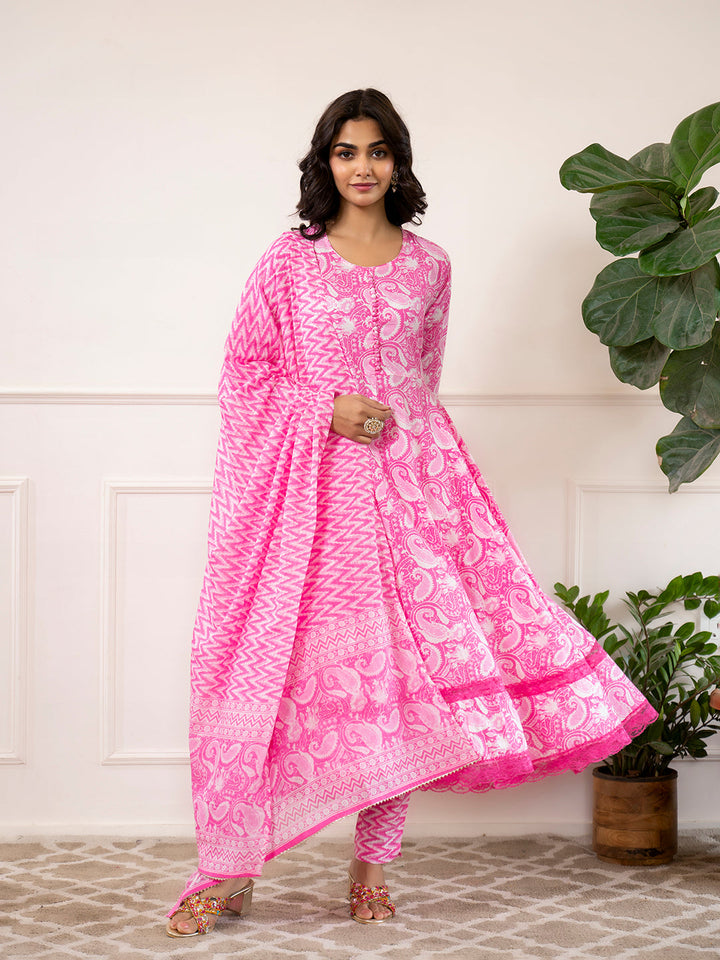 Pink-Cotton-Floral-Print-3-Piece-Anarkali-Set