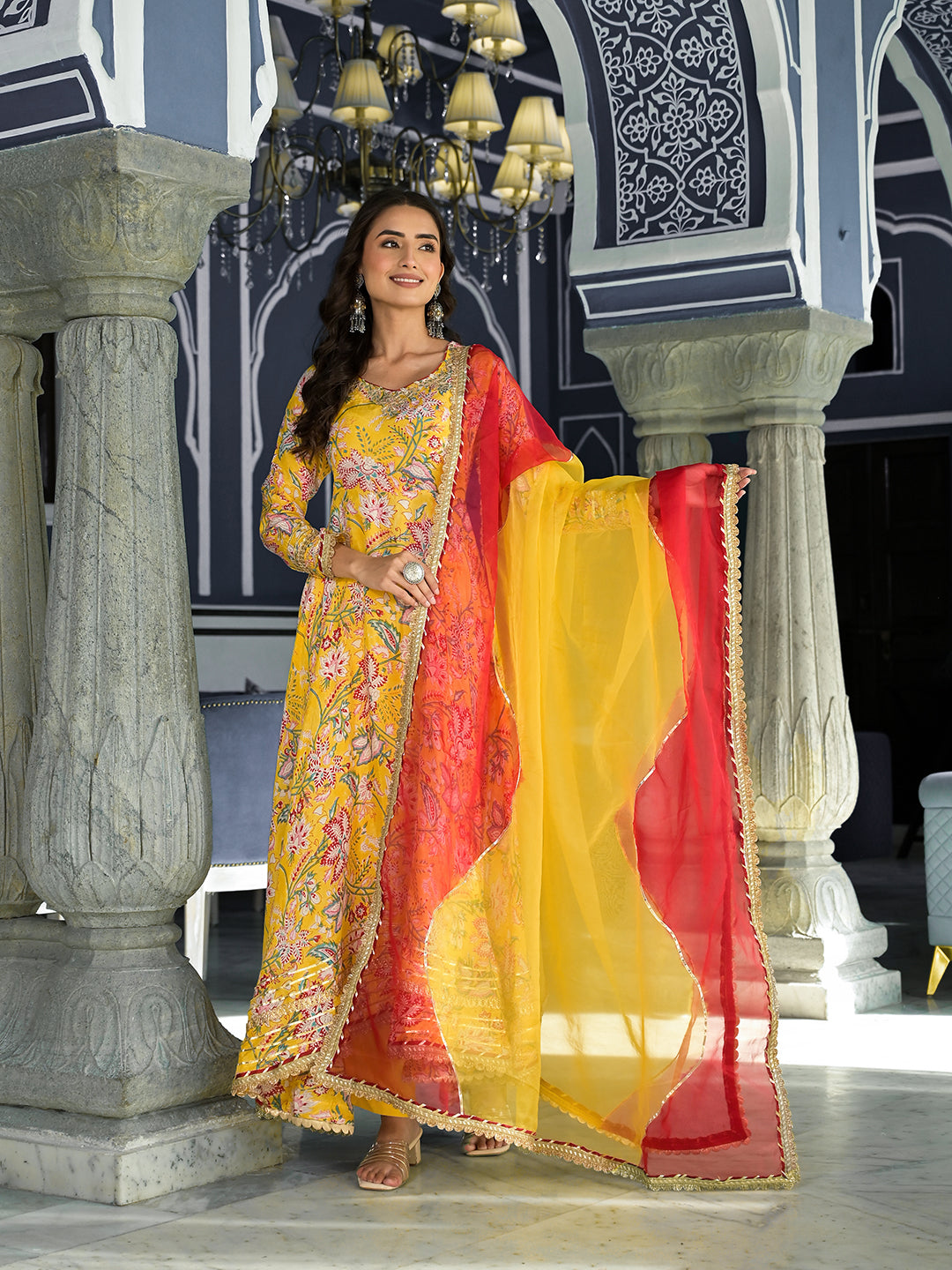 Yellow-Muslin-Floral-Printed-3-Piece-Anarkali-Set