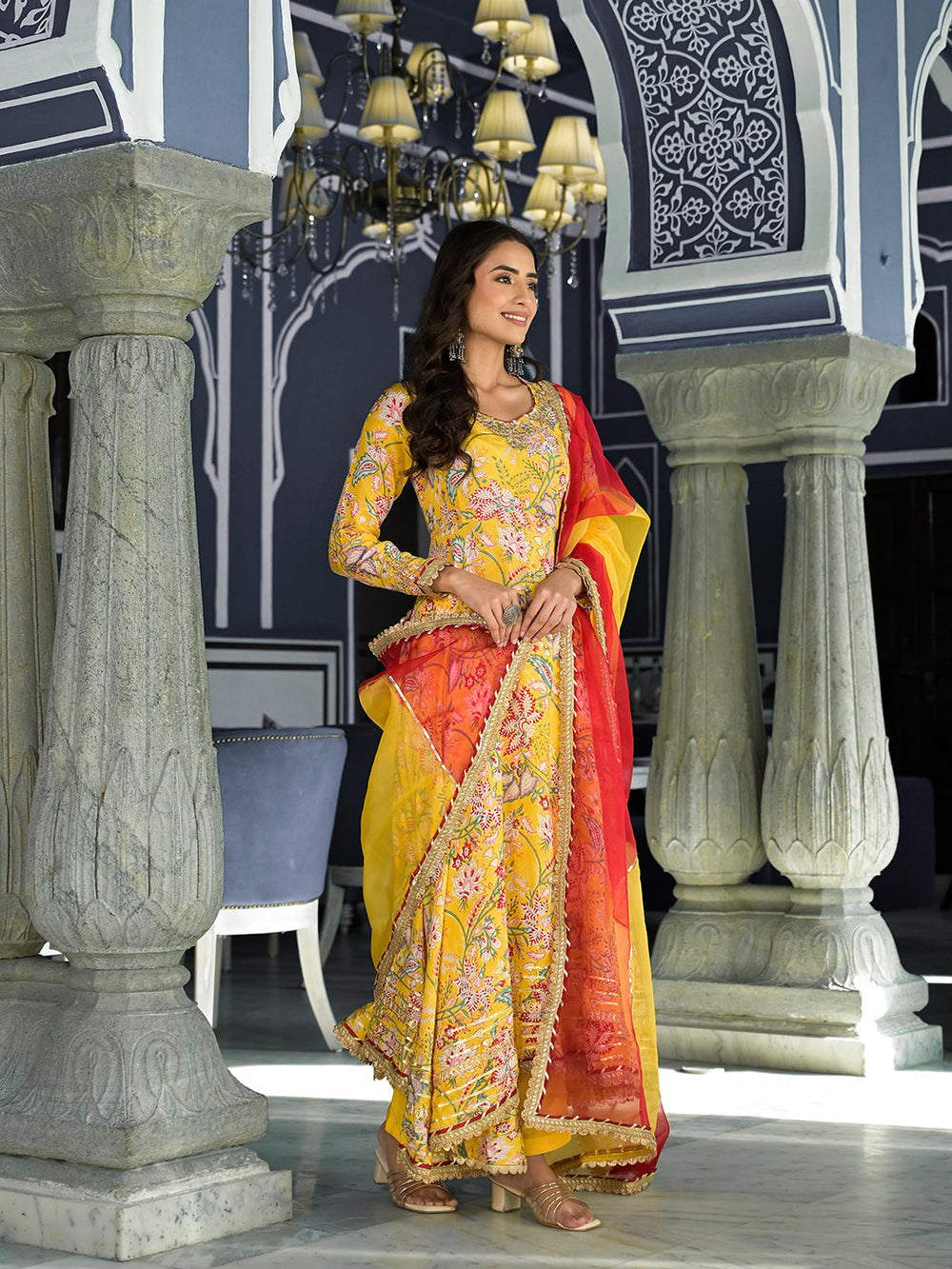 Yellow-Muslin-Floral-Printed-3-Piece-Anarkali-Set