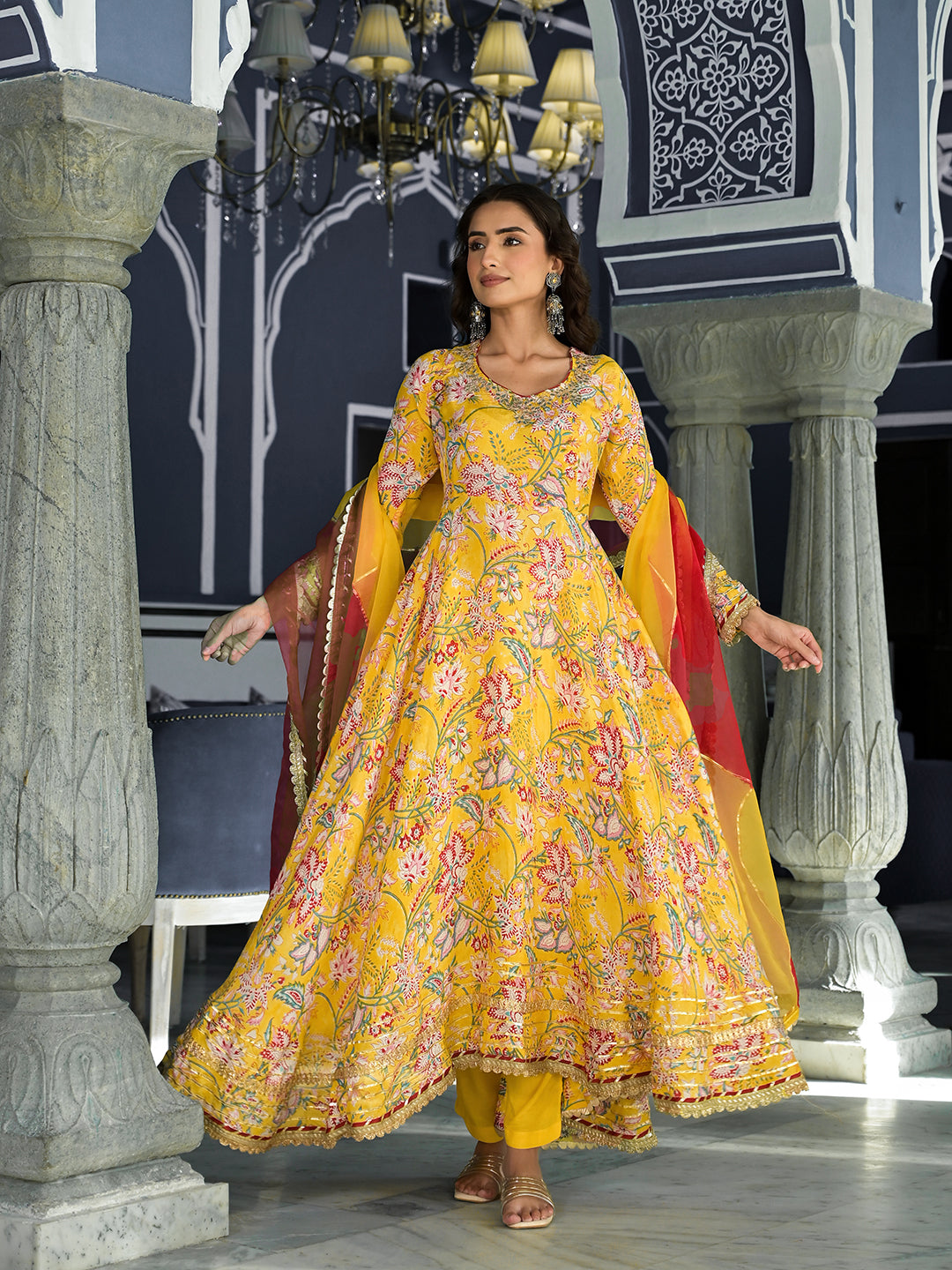 Yellow-Muslin-Floral-Printed-3-Piece-Anarkali-Set
