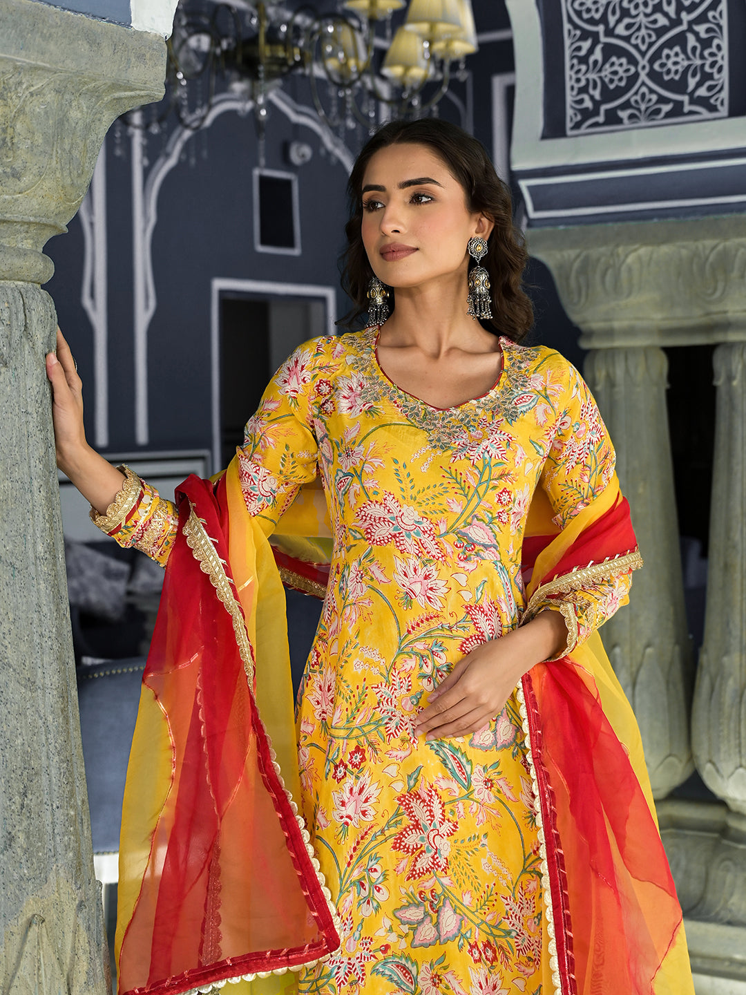 Yellow-Muslin-Floral-Printed-3-Piece-Anarkali-Set