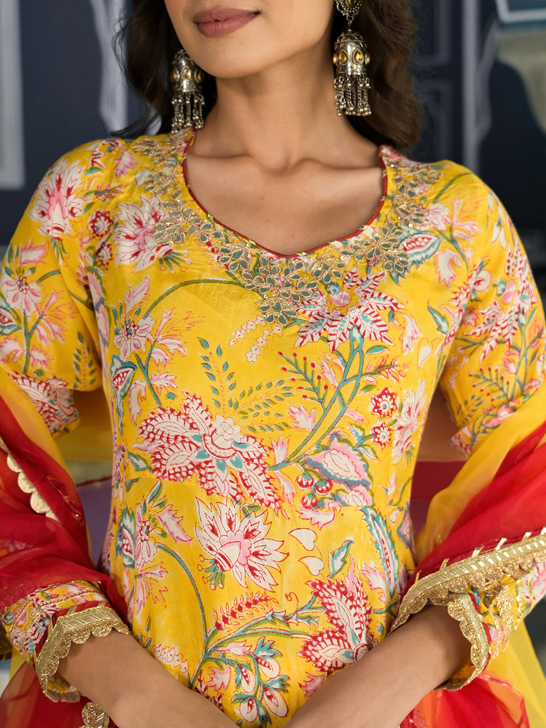Yellow-Muslin-Floral-Printed-3-Piece-Anarkali-Set