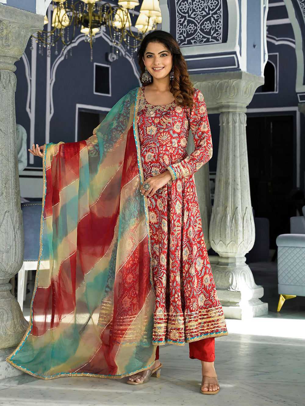 Red-Maroon-Muslin-Floral-Printed-3-Piece-Anarkali-Set