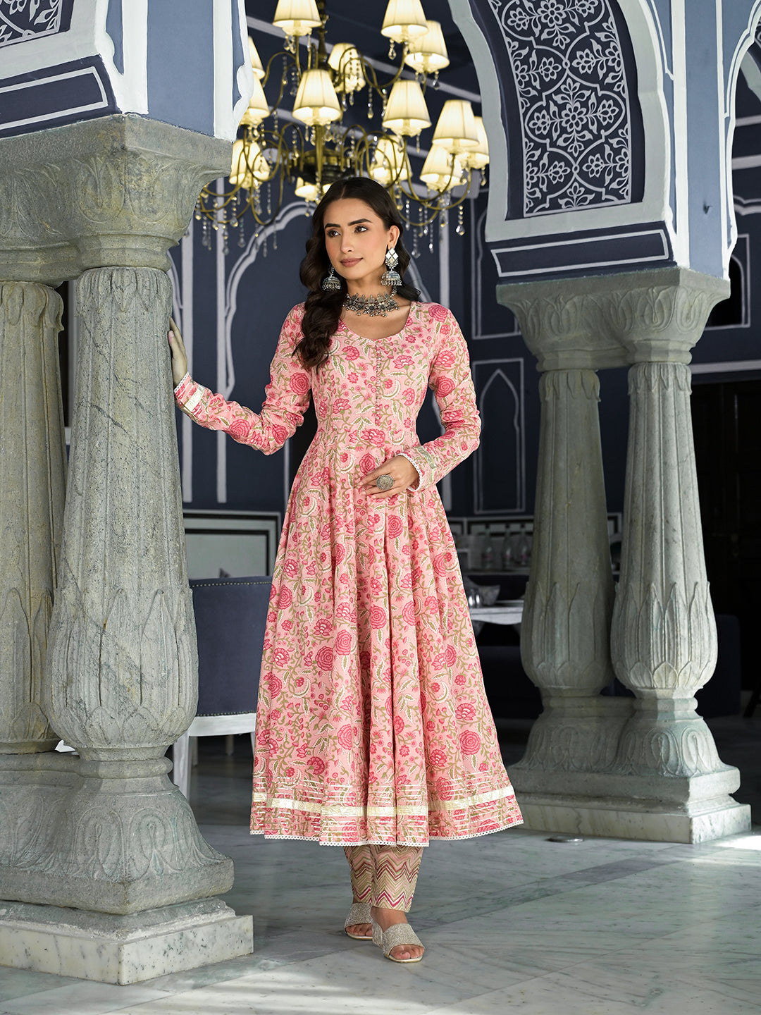 Pink-Cotton-Floral-Printed-3-Piece-Anarkali-Set