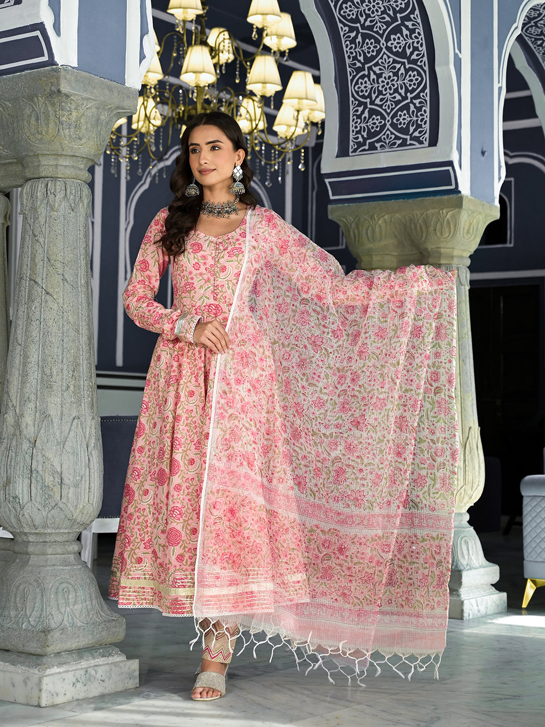 Pink-Cotton-Floral-Printed-3-Piece-Anarkali-Set