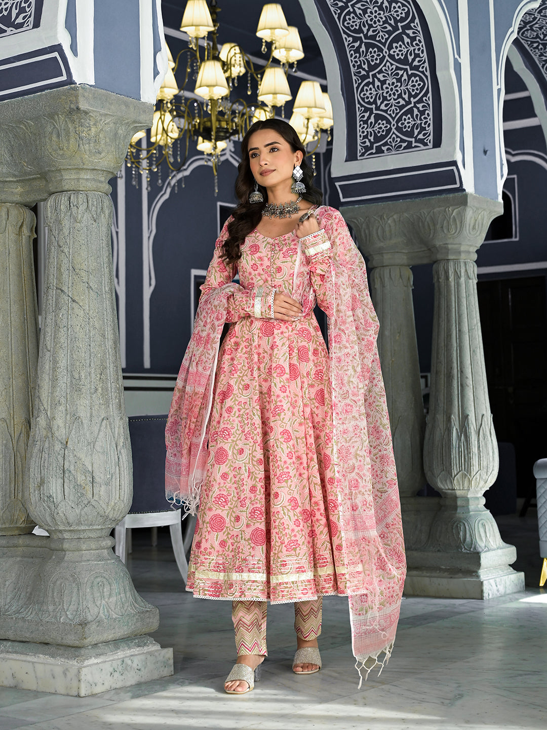 Pink-Cotton-Floral-Printed-3-Piece-Anarkali-Set