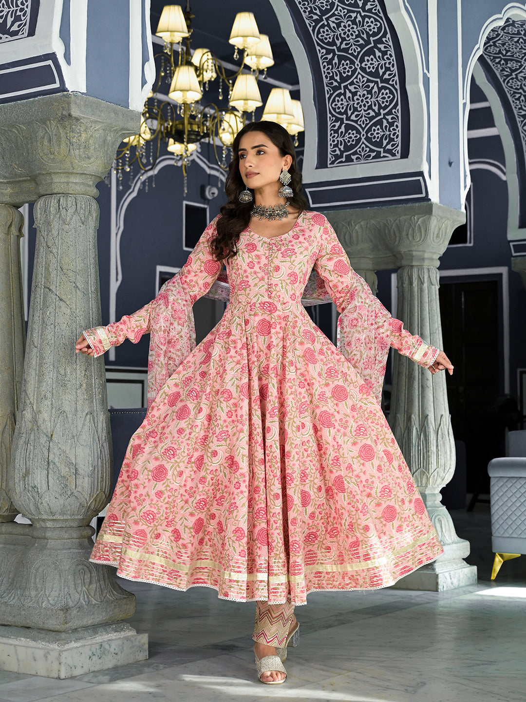 Pink-Cotton-Floral-Printed-3-Piece-Anarkali-Set
