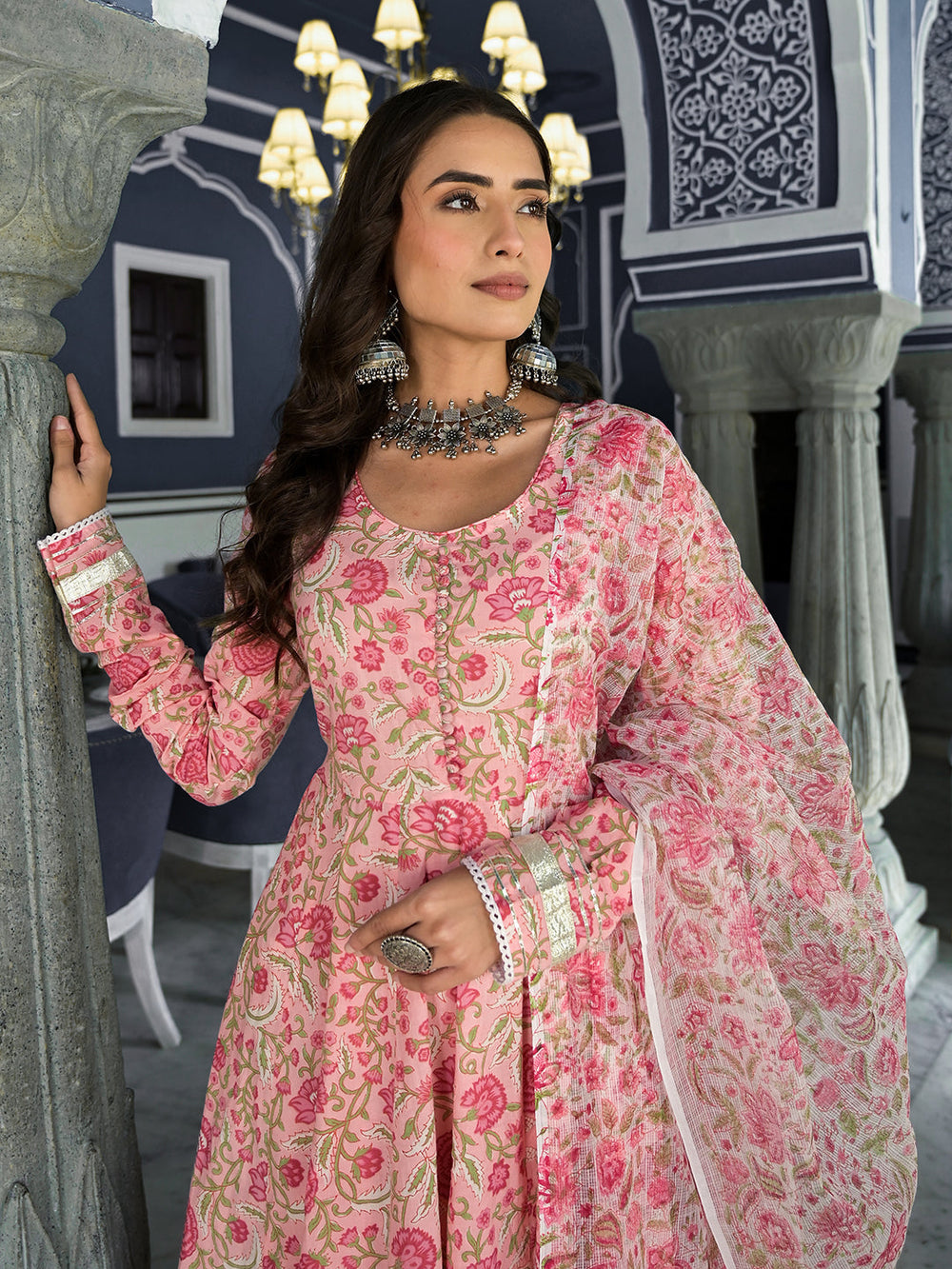 Pink-Cotton-Floral-Printed-3-Piece-Anarkali-Set