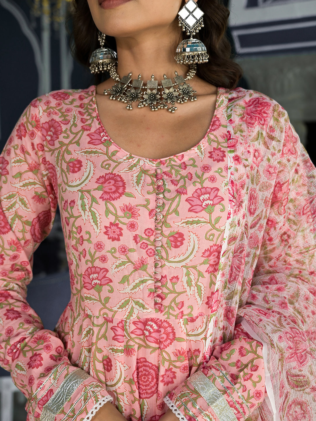 Pink-Cotton-Floral-Printed-3-Piece-Anarkali-Set