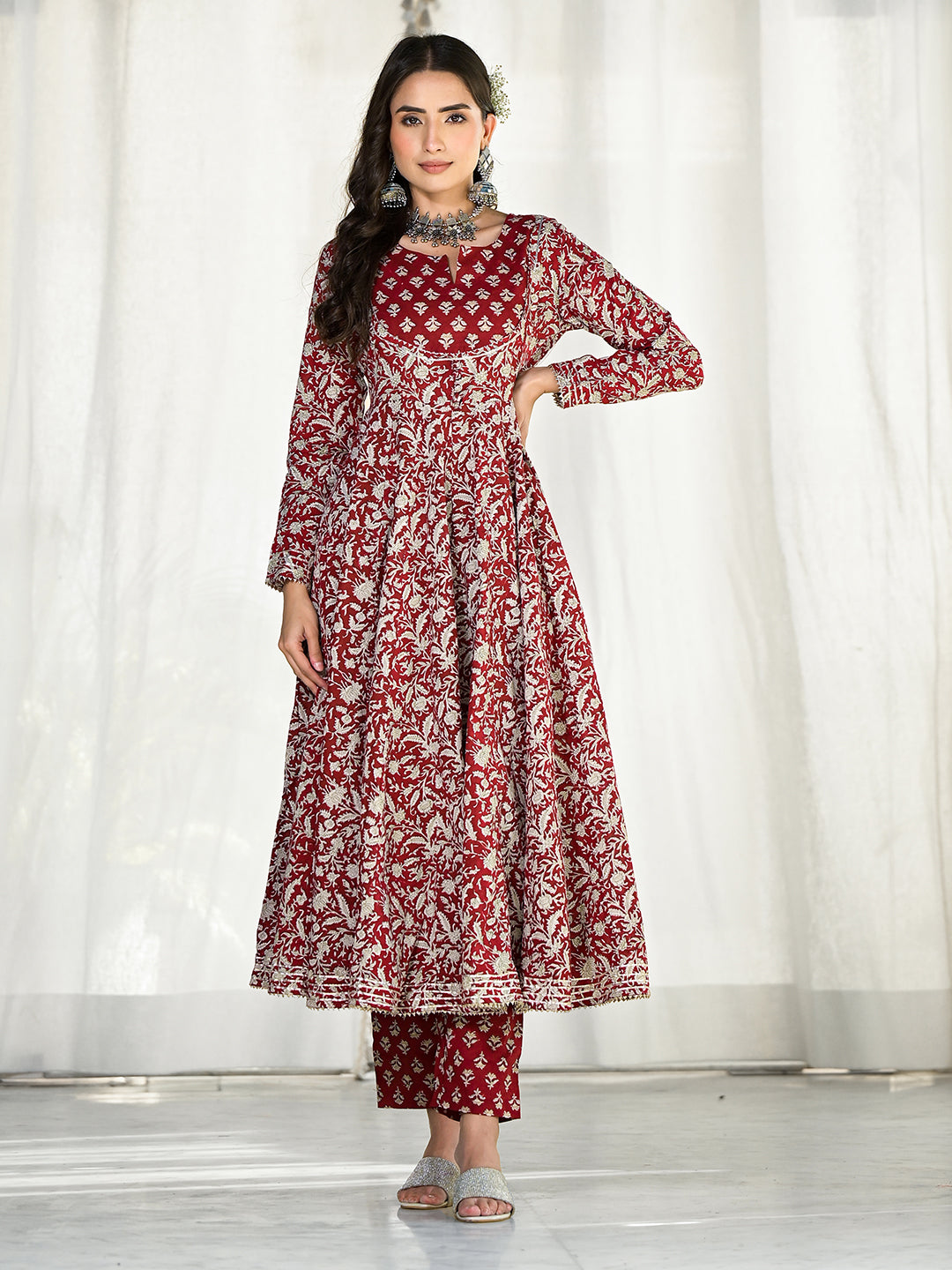 Maroon-Cotton-Floral-Printed-3-Piece-Anarkali-Set