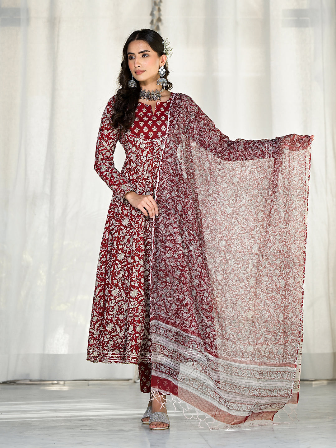 Maroon-Cotton-Floral-Printed-3-Piece-Anarkali-Set