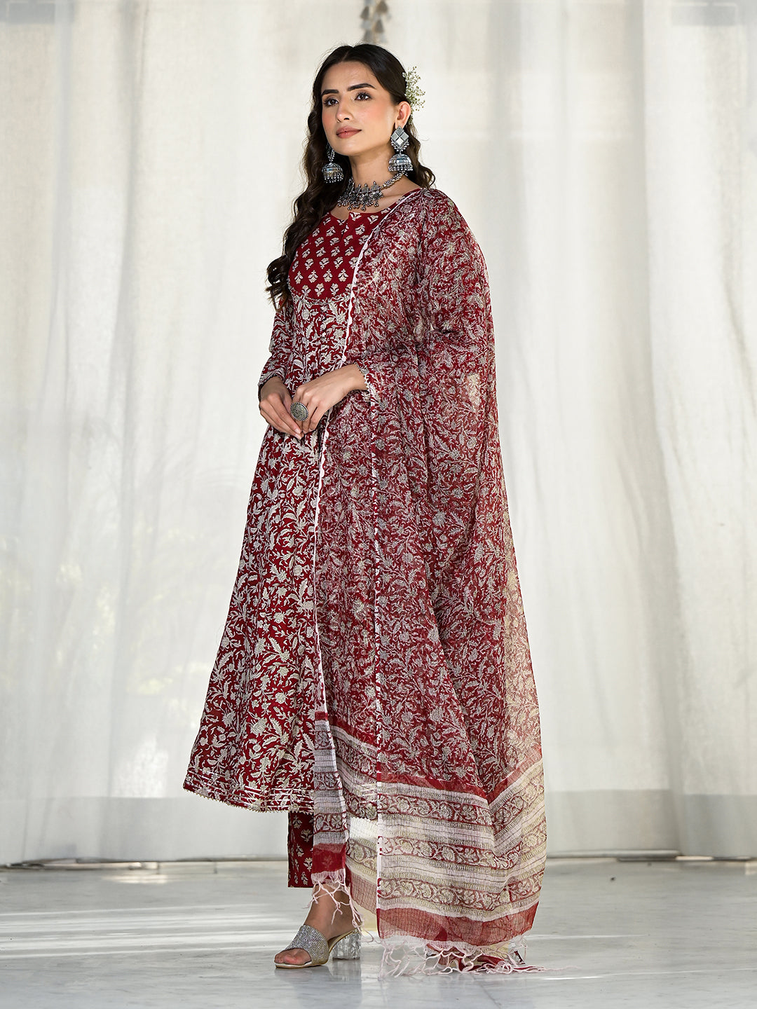 Maroon-Cotton-Floral-Printed-3-Piece-Anarkali-Set
