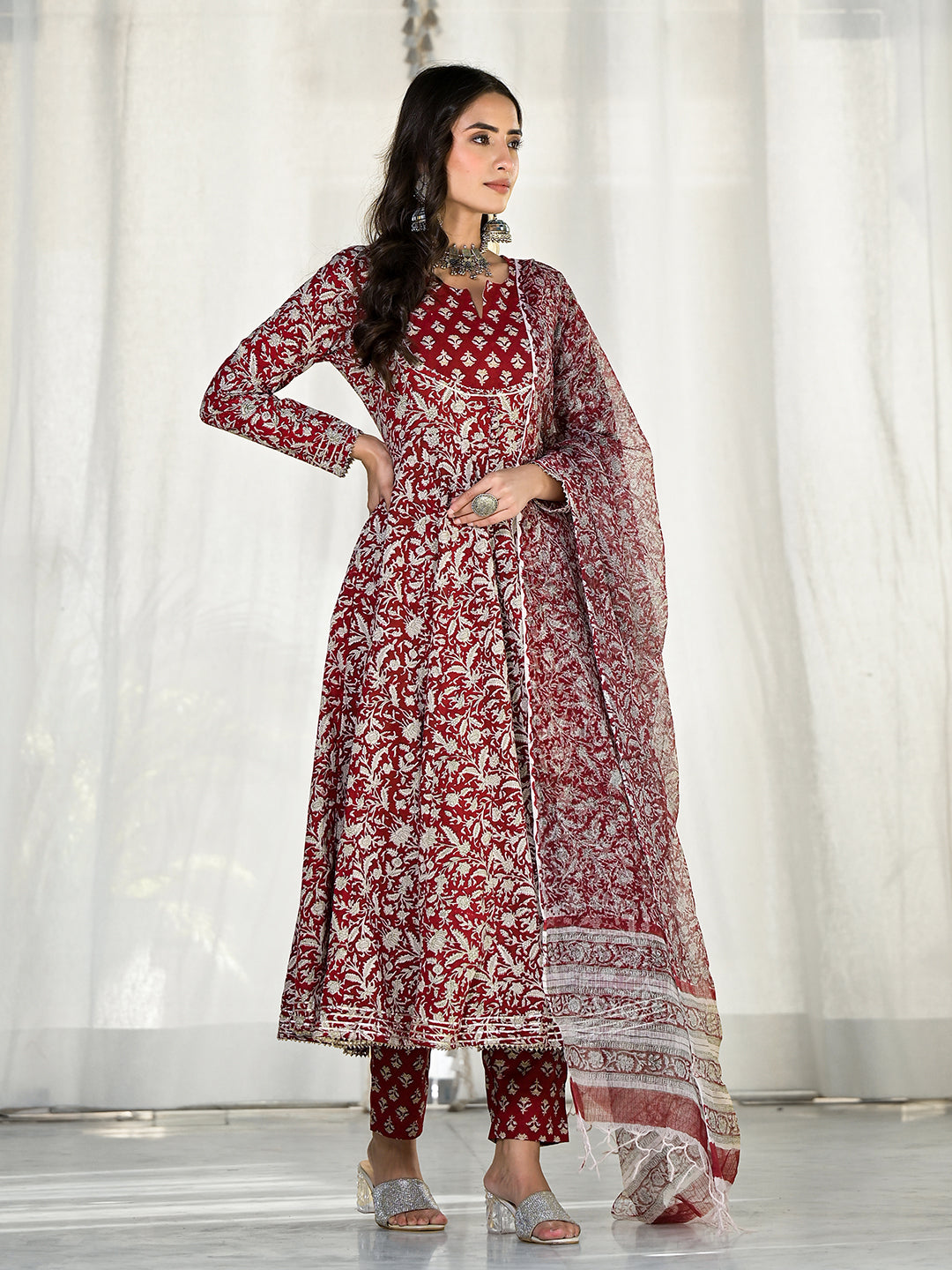 Maroon-Cotton-Floral-Printed-3-Piece-Anarkali-Set