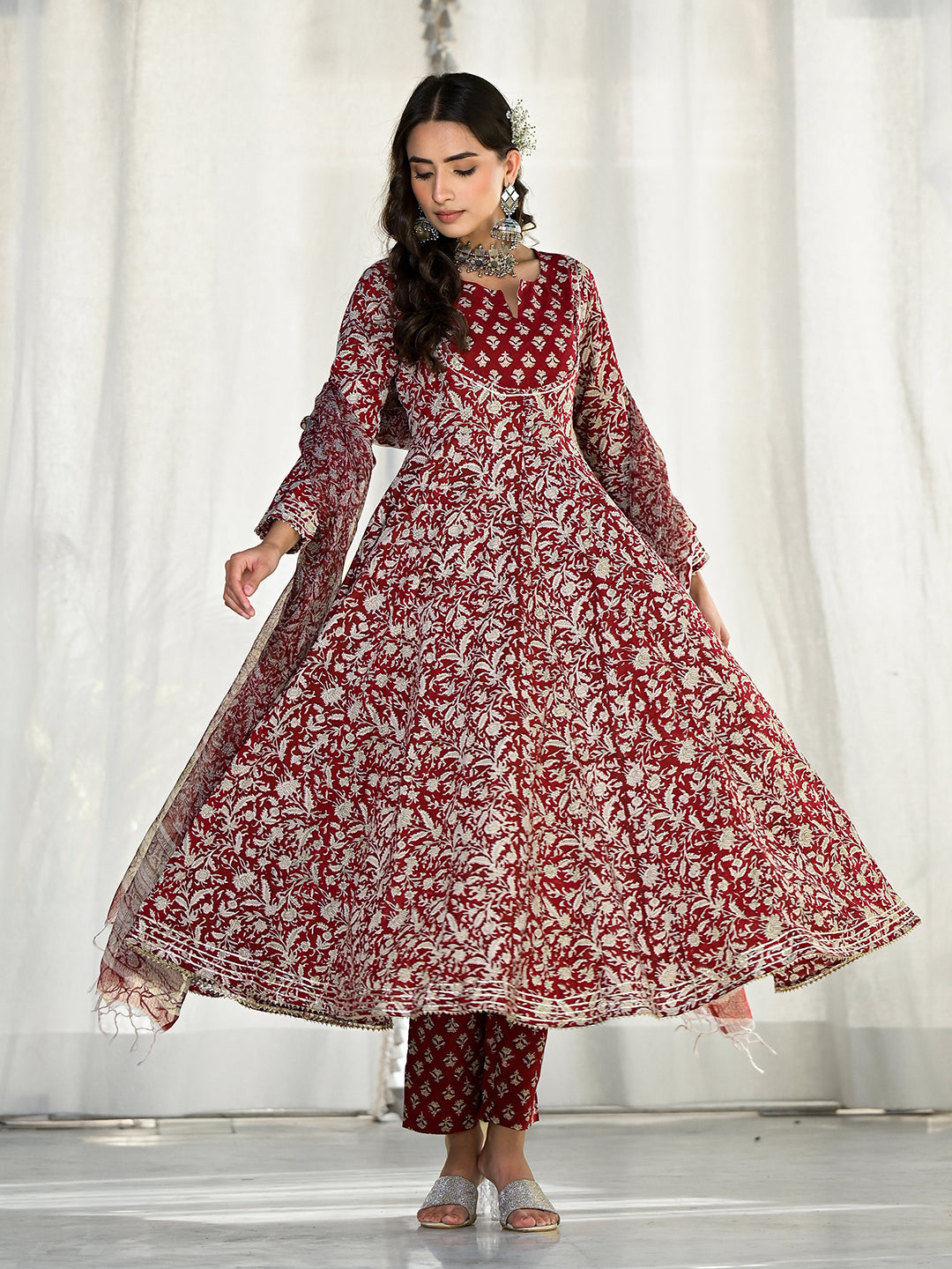 Maroon-Cotton-Floral-Printed-3-Piece-Anarkali-Set