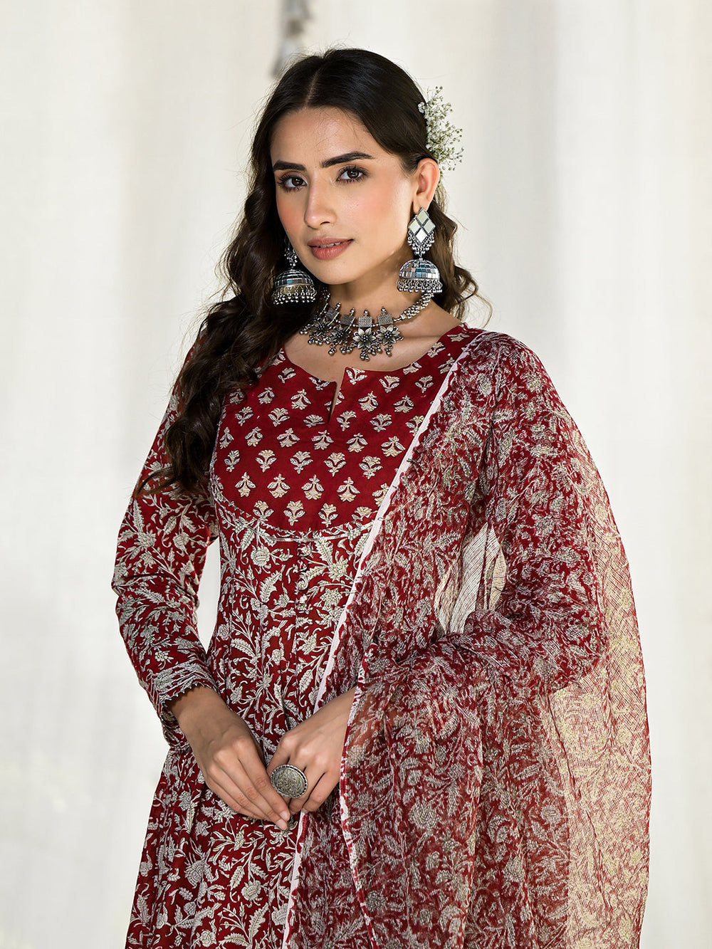 Maroon-Cotton-Floral-Printed-3-Piece-Anarkali-Set