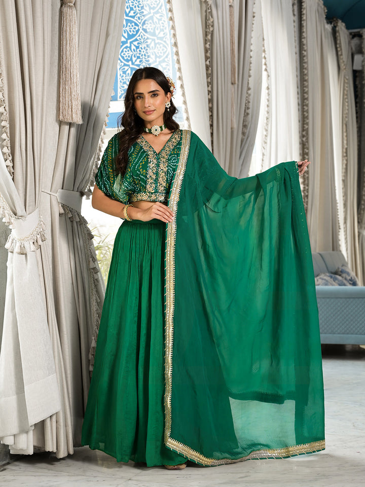 Green-Bandhani-Print-Chinon-3-Piece-Lehenga-Set