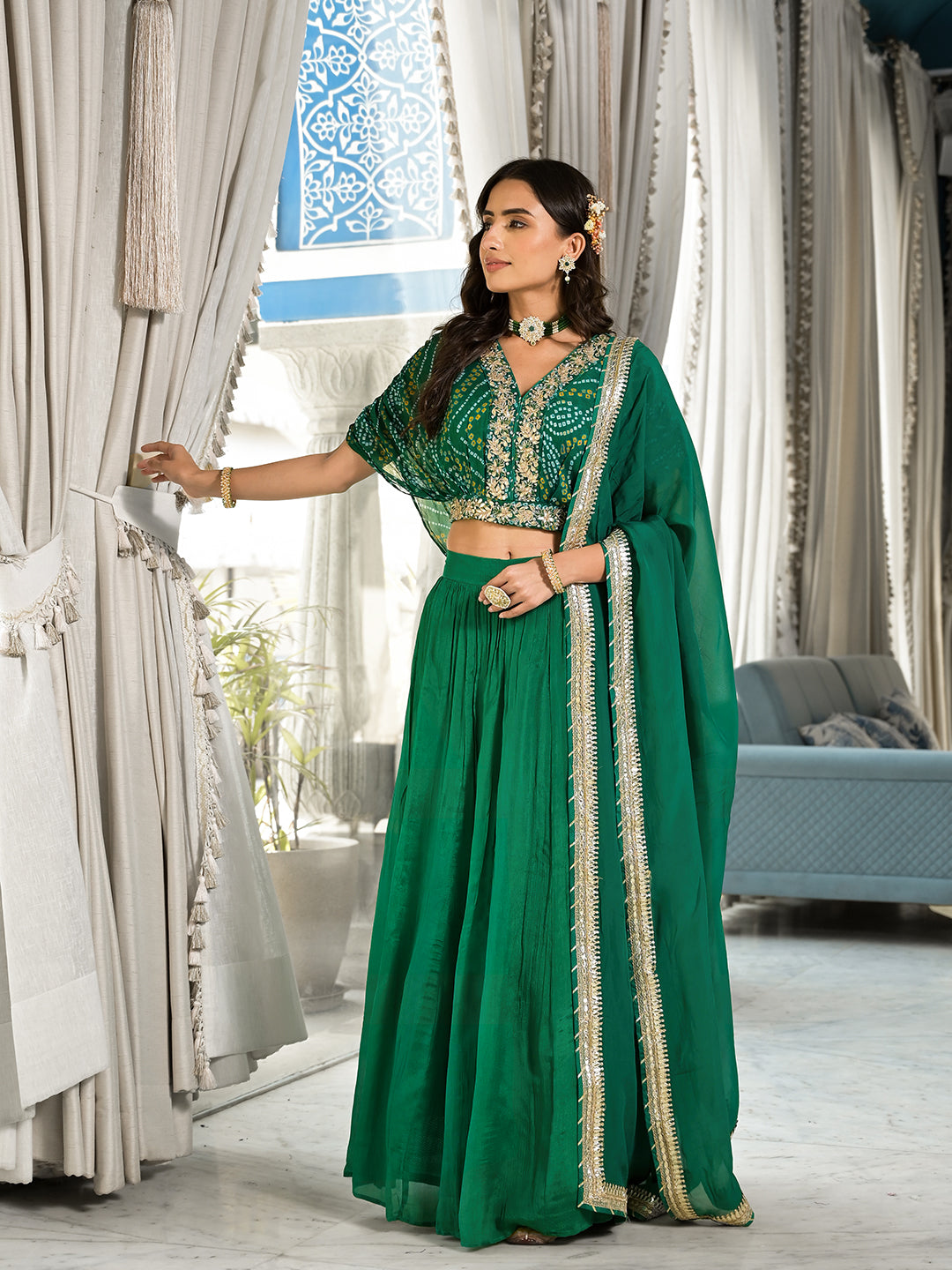 Green-Bandhani-Print-Chinon-3-Piece-Lehenga-Set