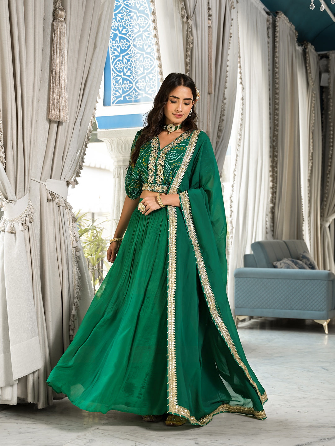 Green-Bandhani-Print-Chinon-3-Piece-Lehenga-Set