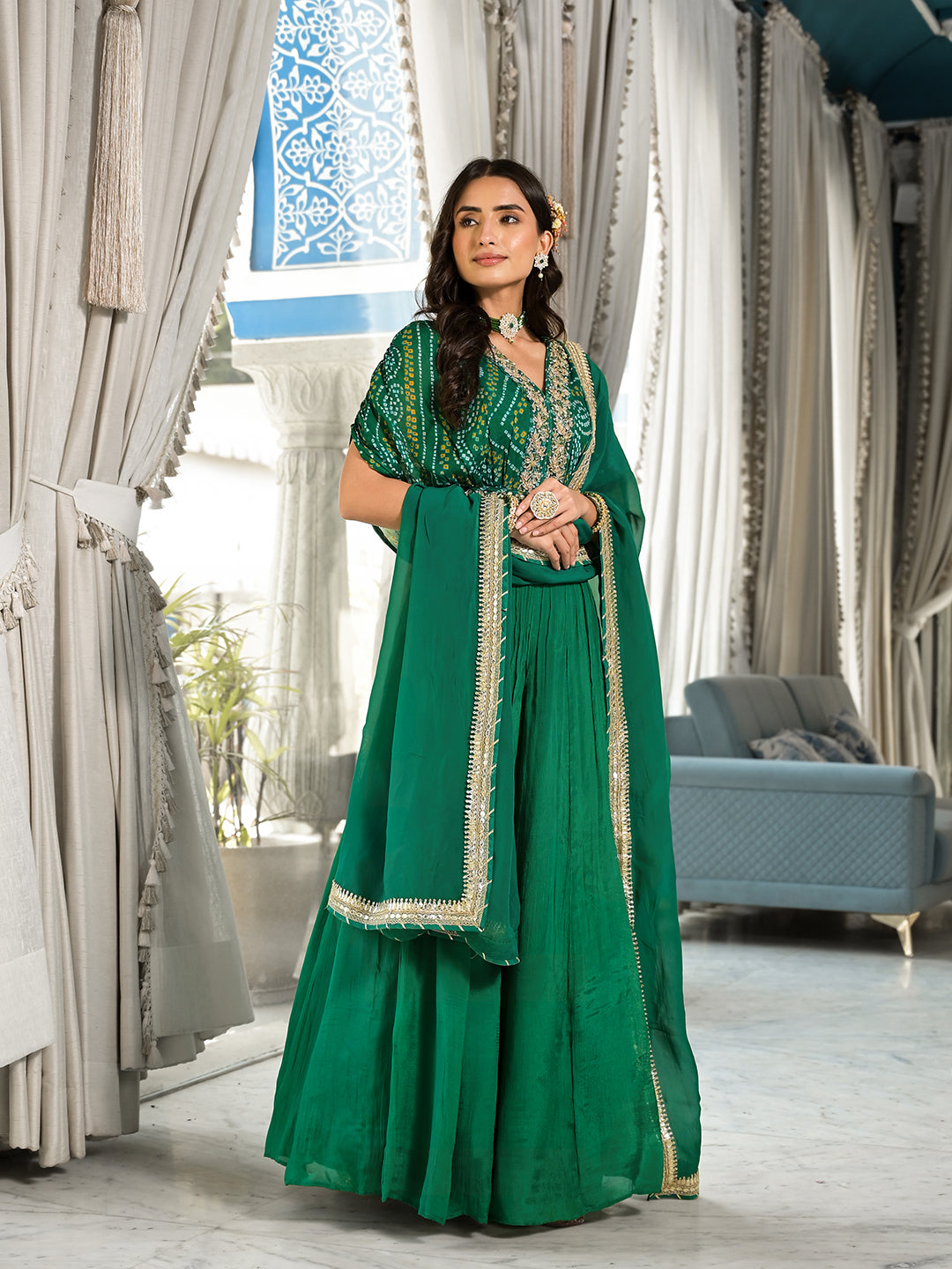 Green-Bandhani-Print-Chinon-3-Piece-Lehenga-Set