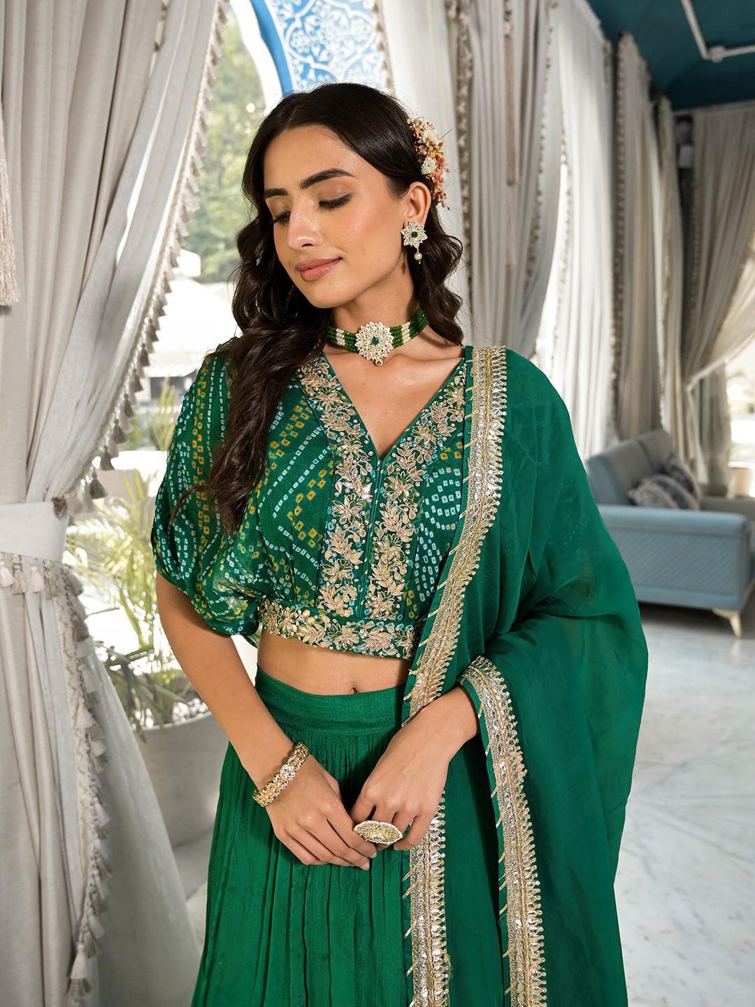 Green-Bandhani-Print-Chinon-3-Piece-Lehenga-Set