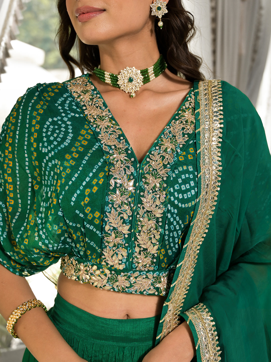 Green-Bandhani-Print-Chinon-3-Piece-Lehenga-Set