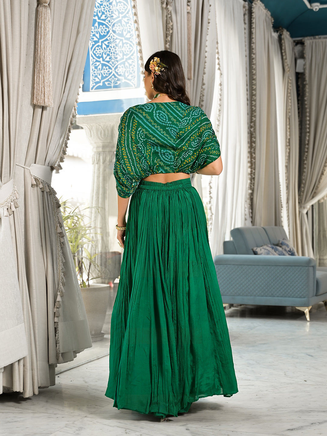 Green-Bandhani-Print-Chinon-3-Piece-Lehenga-Set
