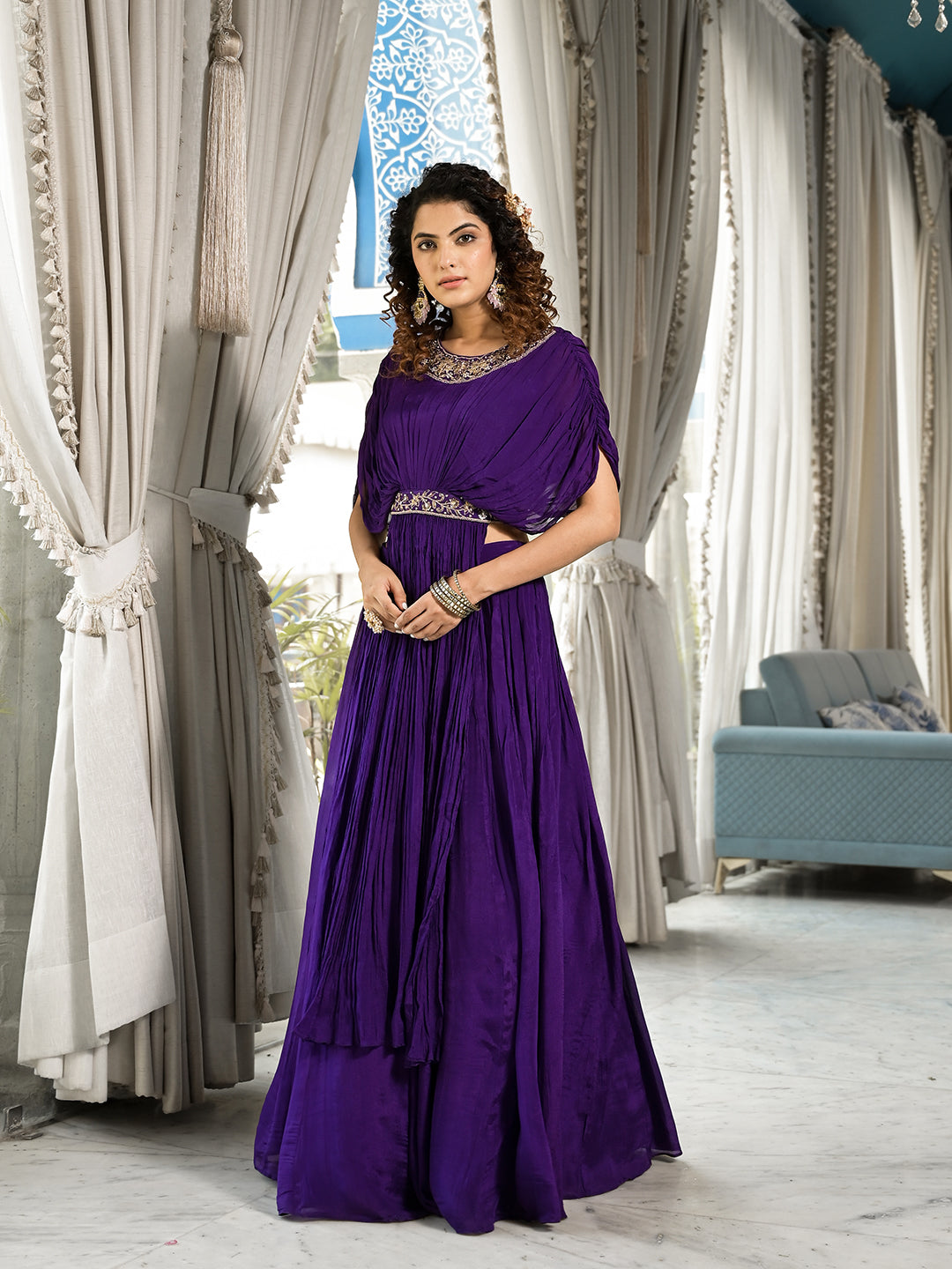 Purple-Zardozi-Work-Chinon-Crop-Top-With-Lehenga