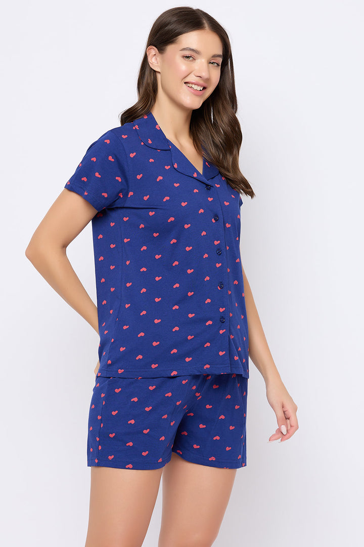 Dark-Blue-Cotton-Heart-Print-Button-Down-Shirt-&-Shorts-Set