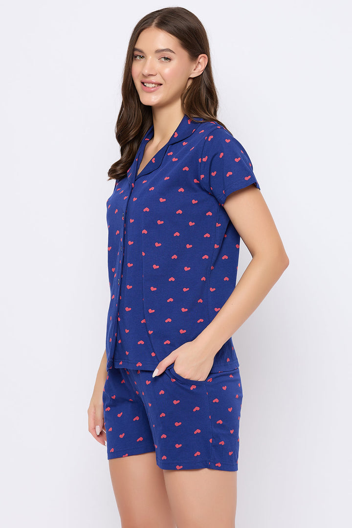 Dark-Blue-Cotton-Heart-Print-Button-Down-Shirt-&-Shorts-Set