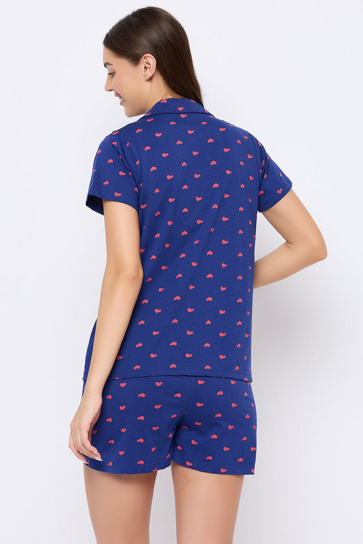 Dark-Blue-Cotton-Heart-Print-Button-Down-Shirt-&-Shorts-Set