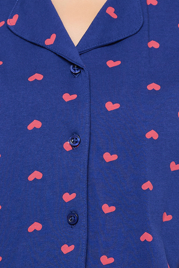 Dark-Blue-Cotton-Heart-Print-Button-Down-Shirt-&-Shorts-Set