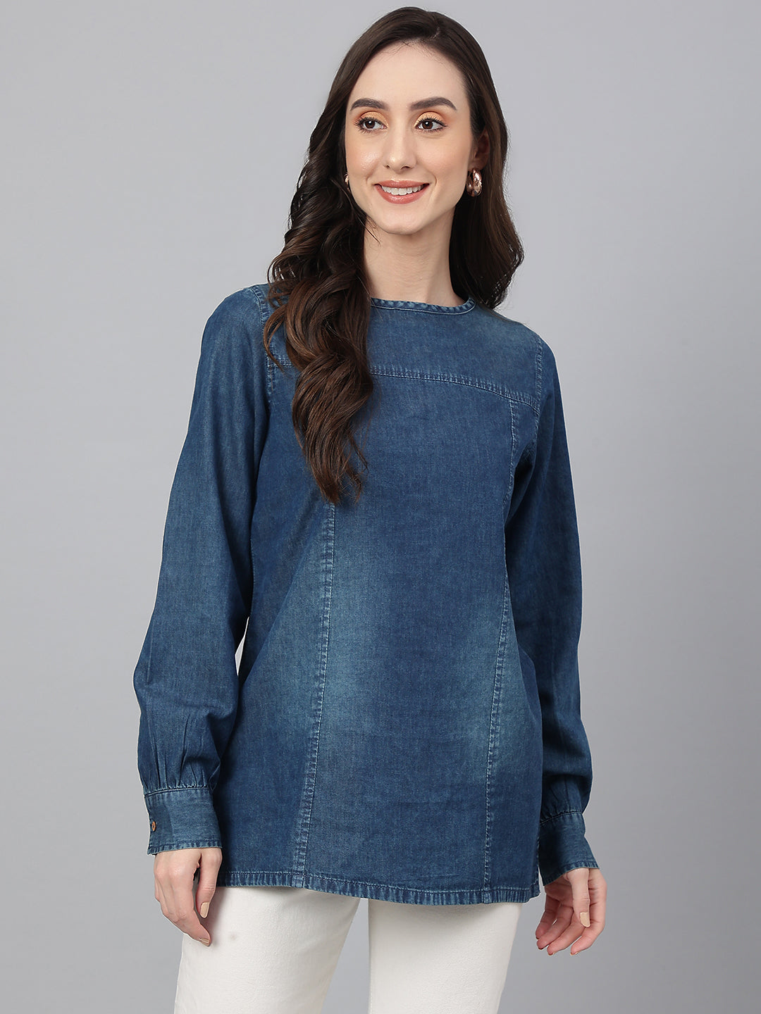 Dark-Blue-Denim-Cuff-Sleeves-Solid-Top