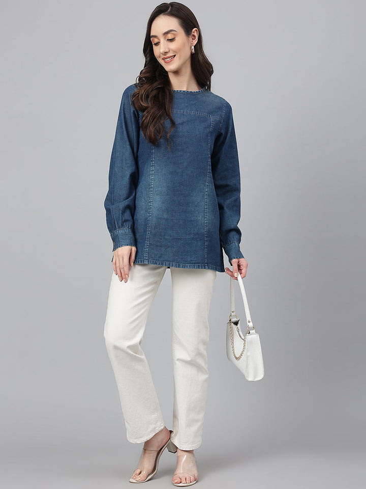 Dark-Blue-Denim-Cuff-Sleeves-Solid-Top