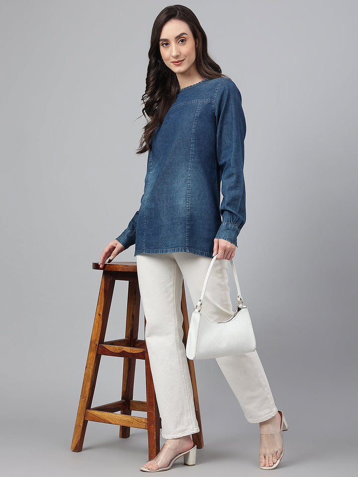 Dark-Blue-Denim-Cuff-Sleeves-Solid-Top